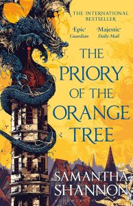 The Priory of the Orange Tree. Stor blå drake på toppen av ett torn mot en gul bakgrund.