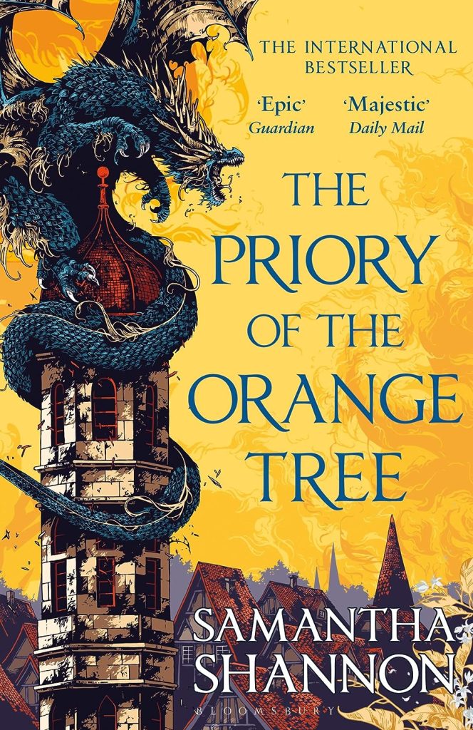 The Priory of the Orange Tree. Stor blå drake på ett torn mot gul bakgrund