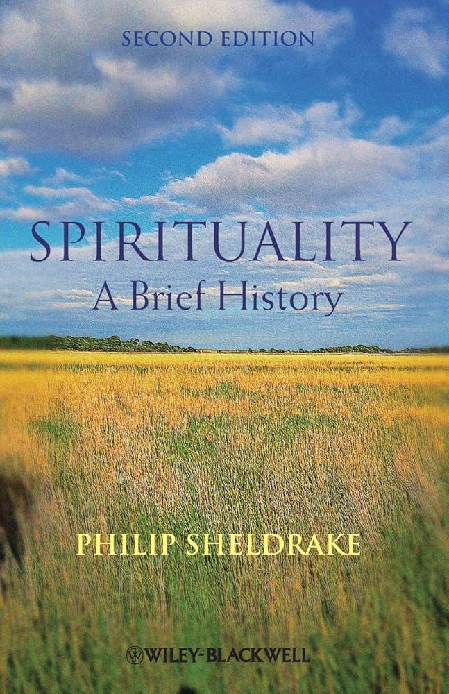 Blå himmel med gröngul äng nedanför med texten "Spirituality - A brief history" skriven över himlen